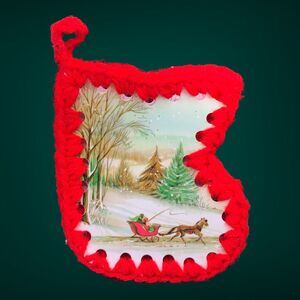 VTG Repurposed Christmas Ephemera Crochet Edge Stocking Gift Card Candy Holder